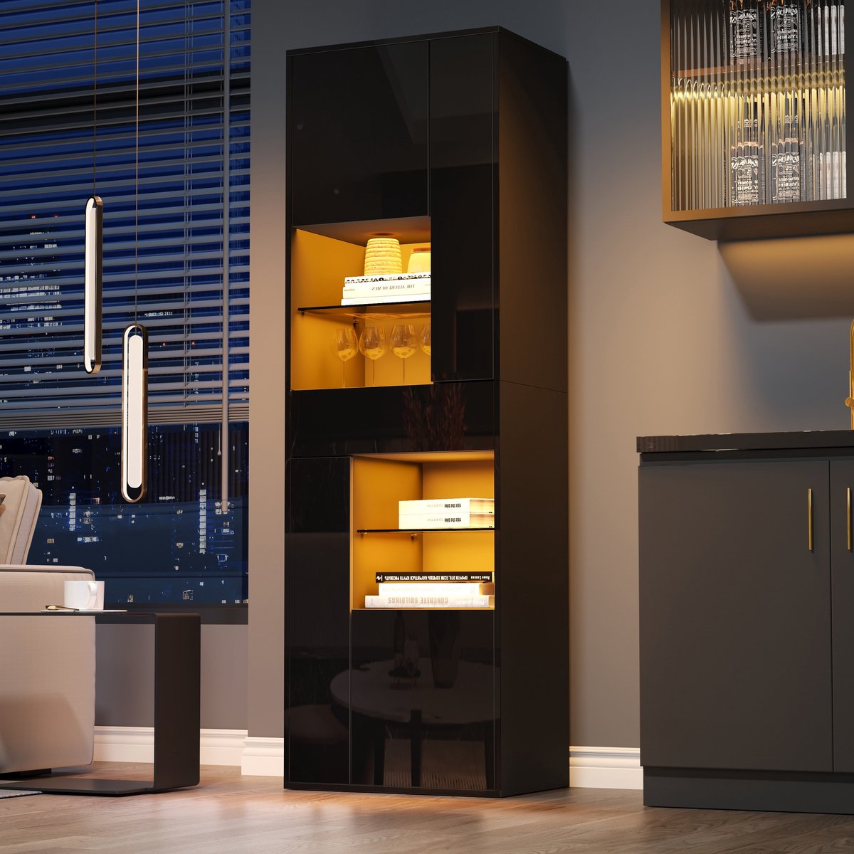 Glazen vitrinekast 55x38x170 cm met LED-verlichting - hoge kast met 1 lade en 4 kasten - h