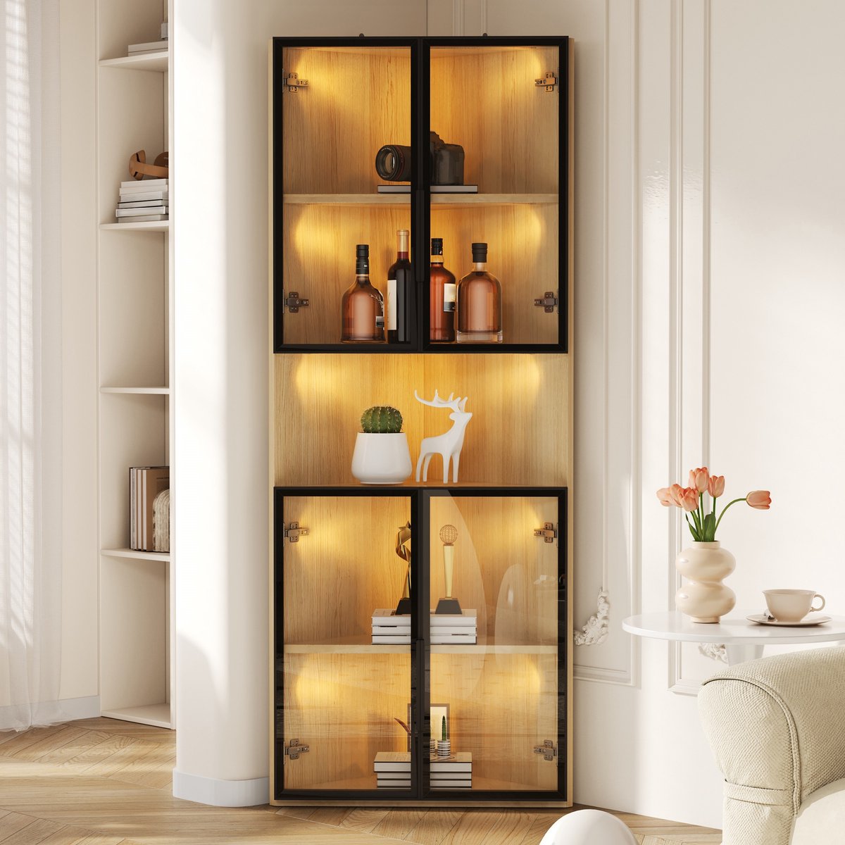 Glazen vitrinekast 62x32x160 cm met LED-verlichting - hoekkast met deuren - verzamelvitrin