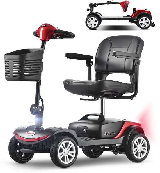 Scooter rouge et noir avec panier, siège et éclairage.