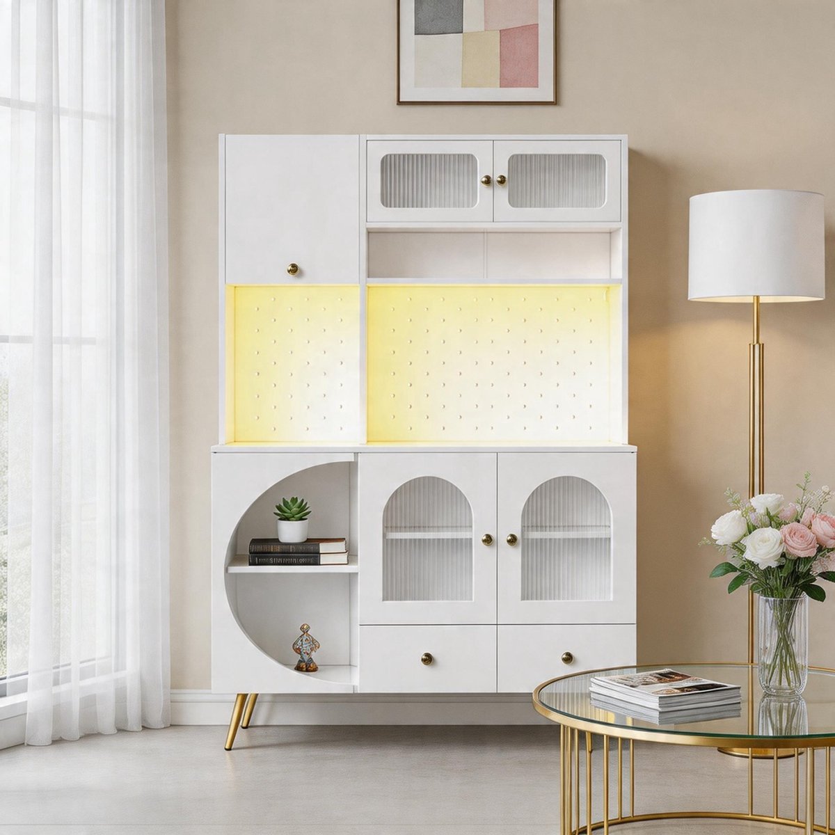 KOMHTOM - Modern dressoir - LED-verlichting - USB-aansluitingen - Stopcontacten - Perforatieplaat - Glazen planken - Lade - Wit