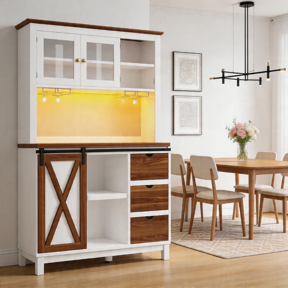 KOMHTOM - Moderne hoge kast - LED-verlichting - App-bediening - Schuifdeur - Drie lades - Wit