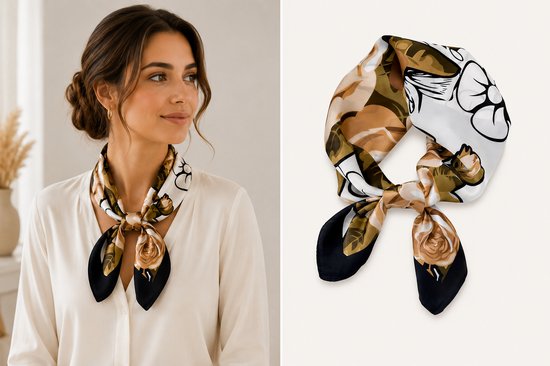 Model draagt een satijnen vierkante sjaal met rozenprint om de nek. Sjaal is crème met bruine, groene en witte rozen en zwarte hoeken.