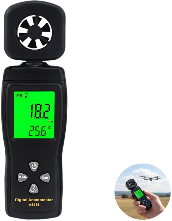 Digitale Anemometer - Windsnelheidsmeter Luchtsnelheid - Luchtstroom Meten - Metalen Vaan Verlicht LCD - 162 mm - Zwart — afbeelding 2