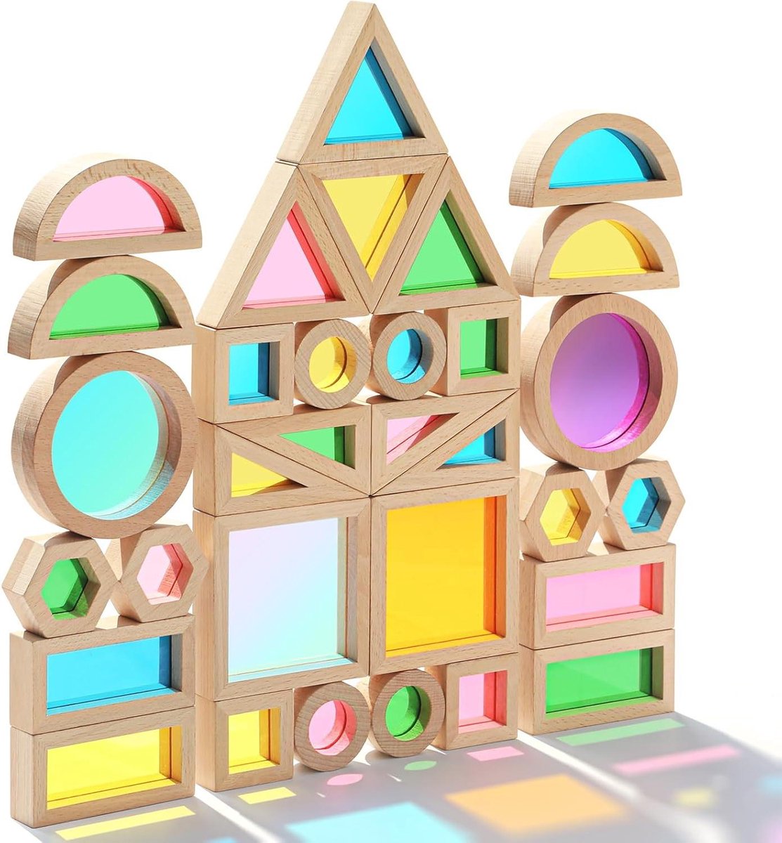 Houten Bouwstenen - Acryl Ramen Blokken - Creatief Spelen - Montessori Geïnspireerd - 32 Delen - Regenboog