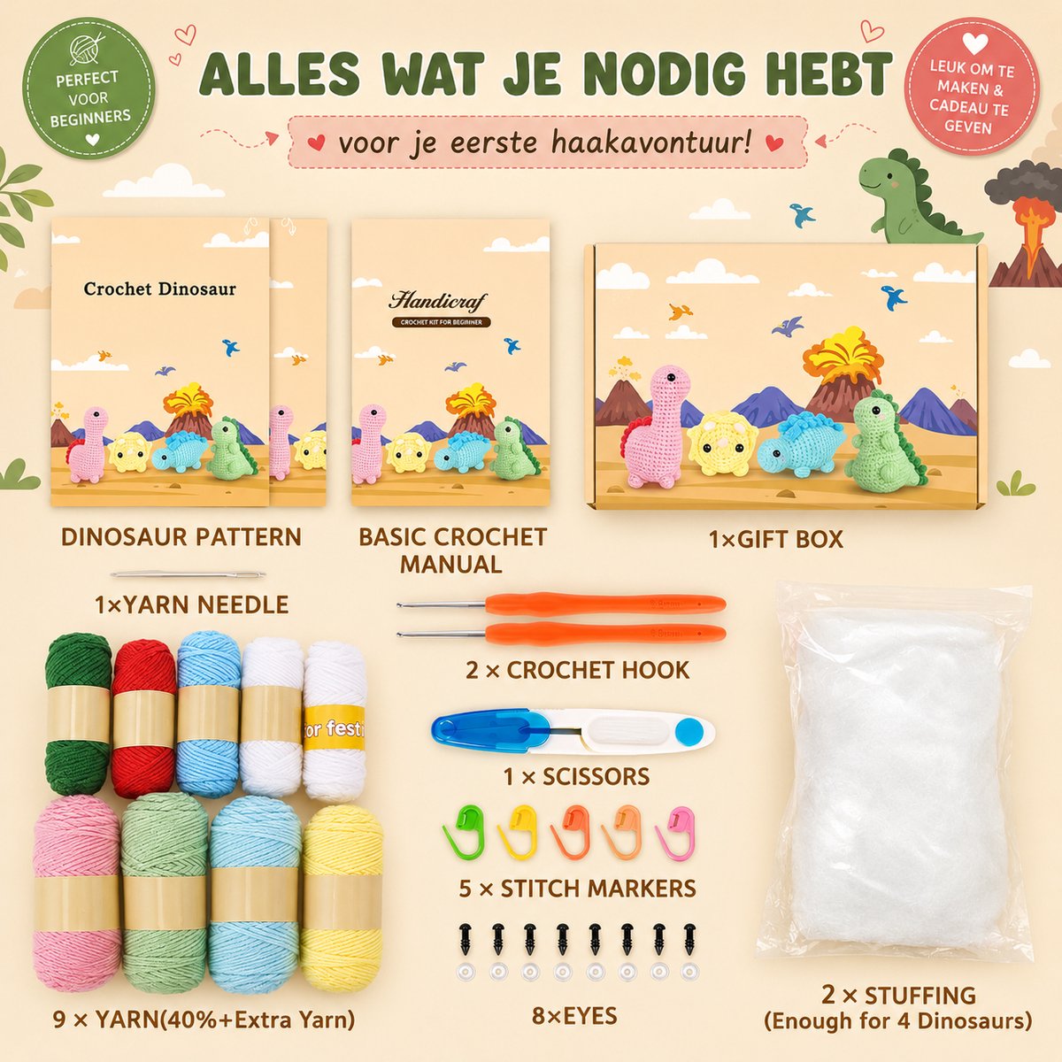 BOTC Haakpakket voor beginners - Beginners haakset - DIY haakpakketten met dieren - 4 dinosaurussen (40% extra garen) — afbeelding 7