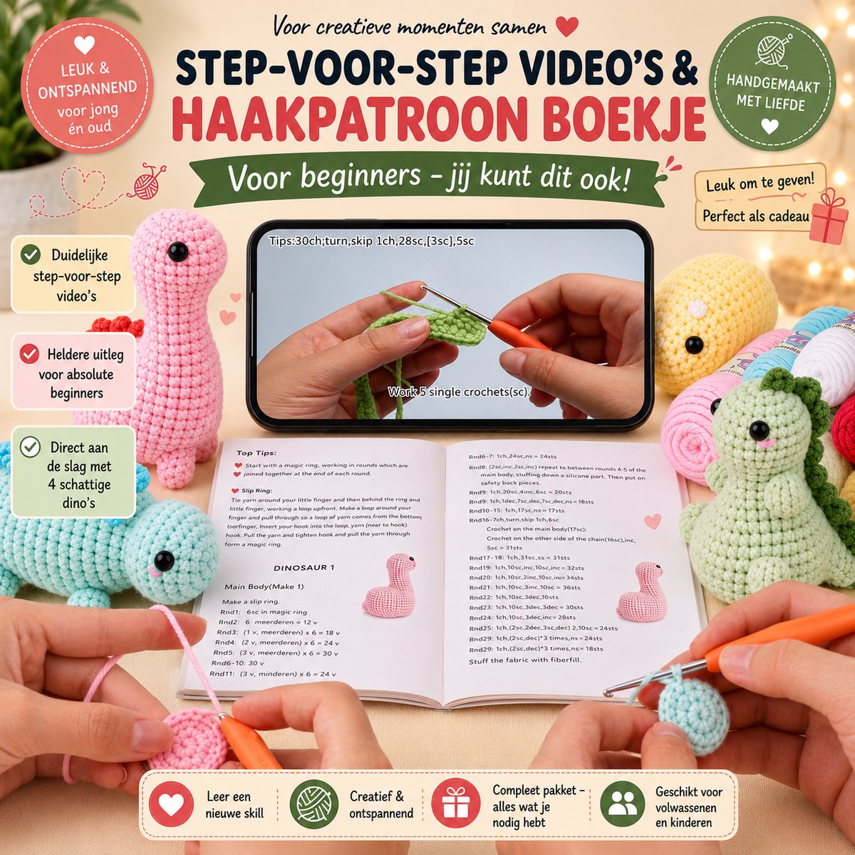 BOTC Haakpakket voor beginners - Beginners haakset - DIY haakpakketten met dieren - 4 dinosaurussen (40% extra garen) — afbeelding 6