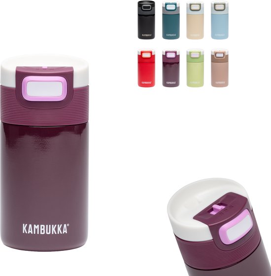 Paarse Kambukka thermosbeker met witte en paarse dop, naast andere kleuren.