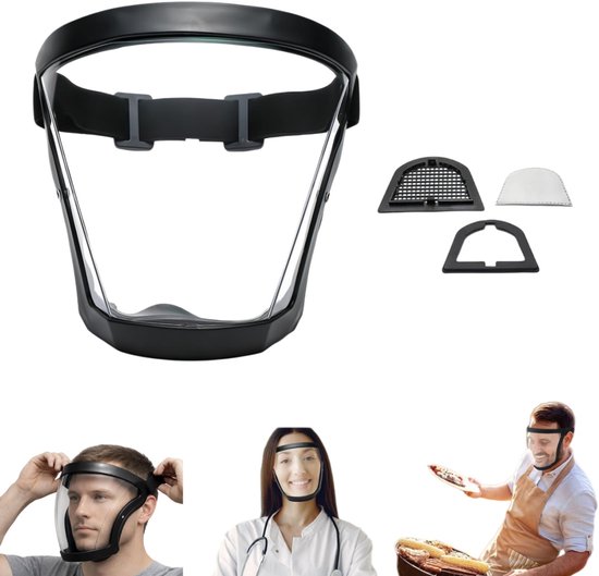 Beschermend gezichtsmasker - Stofmasker - Anti condensmasker in hoofdbandstijl - Volledig transparant gezichtsscherm met frame - Geschikt voor bescherming tegen stof, geuren en olienevel (18*18 cm - Zwart)