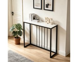 FATIVO Consoletafel marmer- Haltafel - Wandtafel - Sidetable - wit - 80x30x78.5 cm (L x B x H) - Scandinavisch - Bijzettafel met Zwart metalen frame - voor woonkamer, Hal, entree