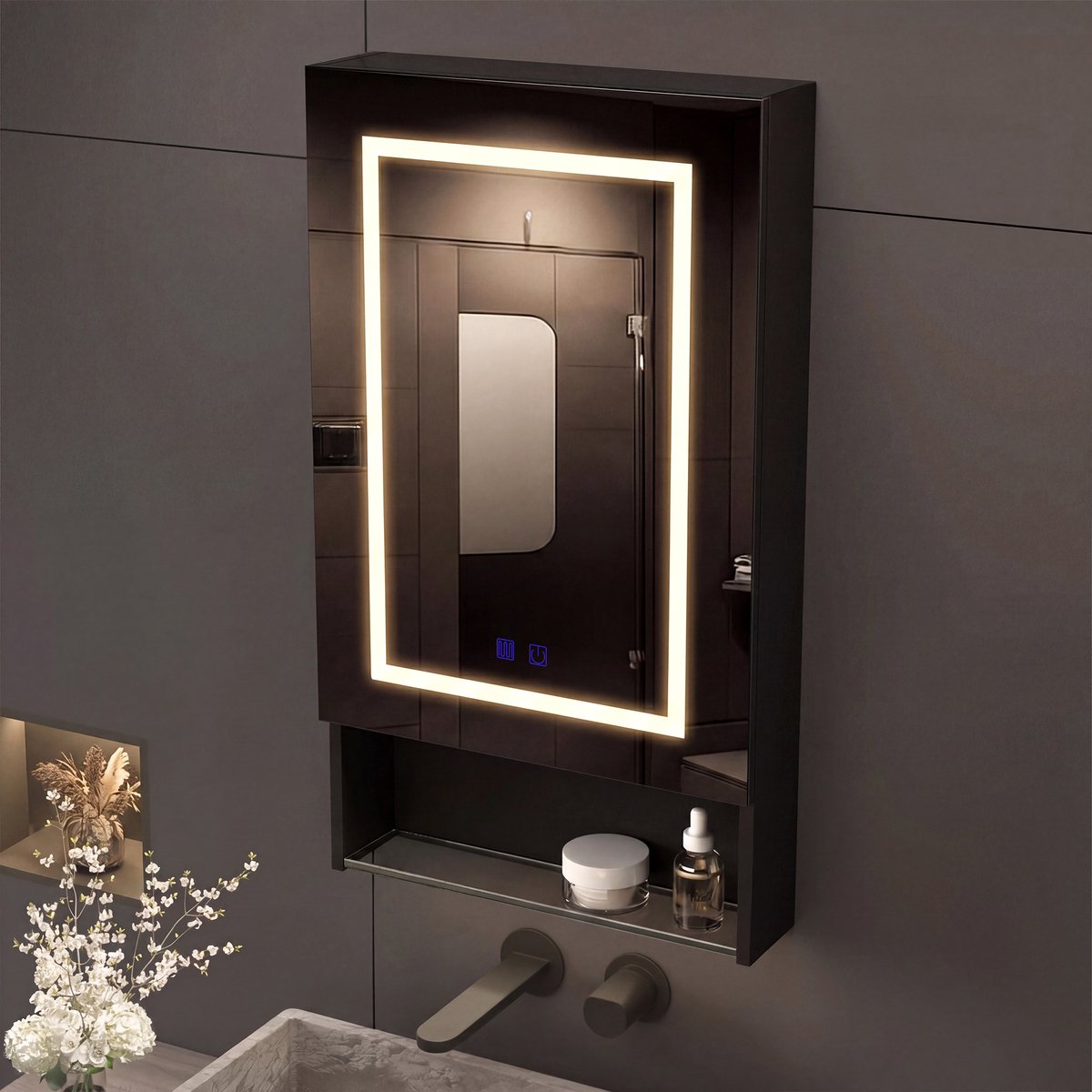 ROSAHQNDA Badkamerkast – Met touch-bediening, 3-kleurige LED-verlichting en anti-condensfunctie – Spiegelkast – Verstelbare planken – Zwart – 50 x 88 x 16 cm