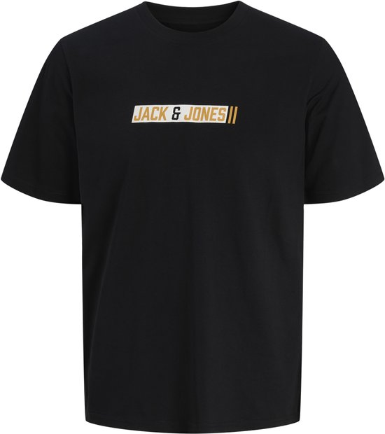 Zwart T-shirt met korte mouwen en "JACK & JONES" logo in oranje en wit op de borst.