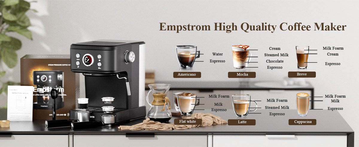 Empstorm EM‑04E Espressomachine 20Bar - 2-in-1 Capsule & Gemalen Koffie - PID Temperatuurregeling - 1,5L Watertank - RVS Filter- Warmhoudplateau - Thuis Kantoor Koffieapparaat Zwart — afbeelding 6