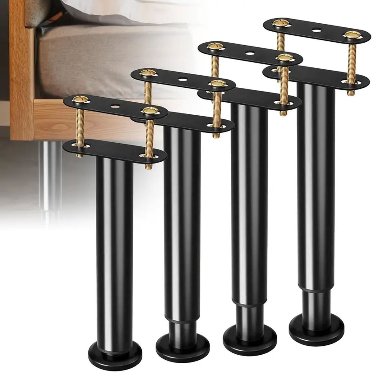 4 Stuks Bedframe-Steunpoten - Verstelbare Hoogte, Stevig Staal met Rubberen Basis voor Stabiliteit en Stilte - Geschikt voor Queensize en Kingsize Bedden (25-42 cm)