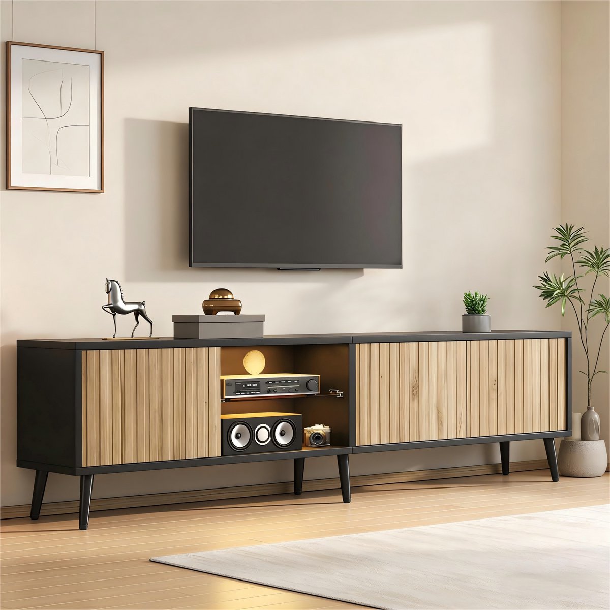 MIVRAY Tv Meubel - Met Ledverlichting En 3 Deuren - Voor Woonkamer En Grote Schermen - Spaanplaat - 175x31x43,5 Cm Houtkleur