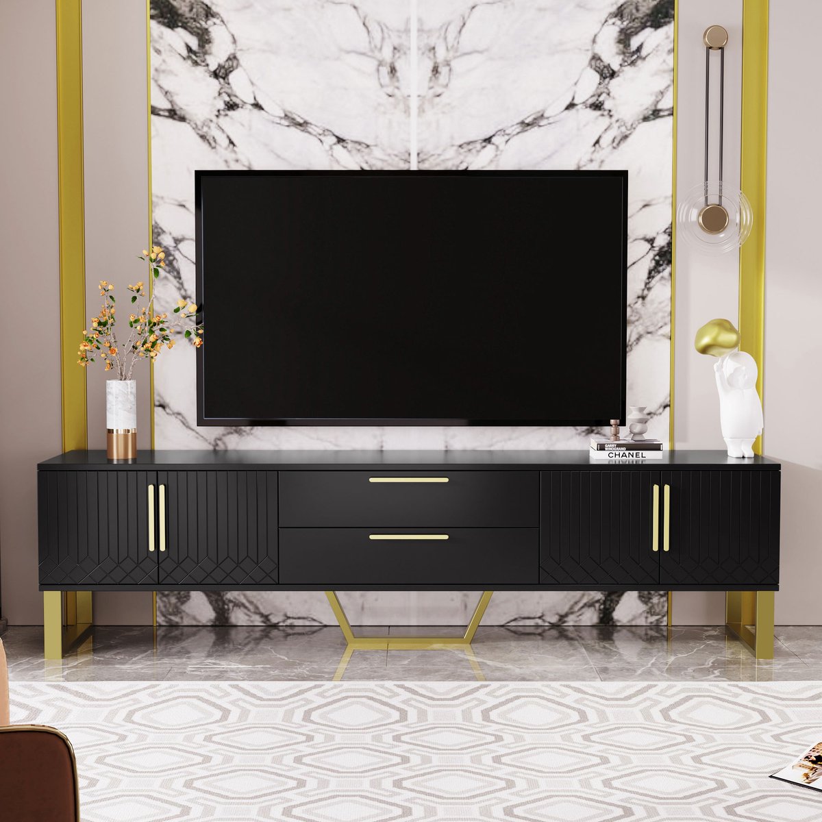 VVBV TV Meubel Set / TV Kast – Hoogglans Woonkamerset met 3 Lades, Gouden Handgrepen en Poten – Wit – Moderne Luxe TV Console met Opbergruimte Black