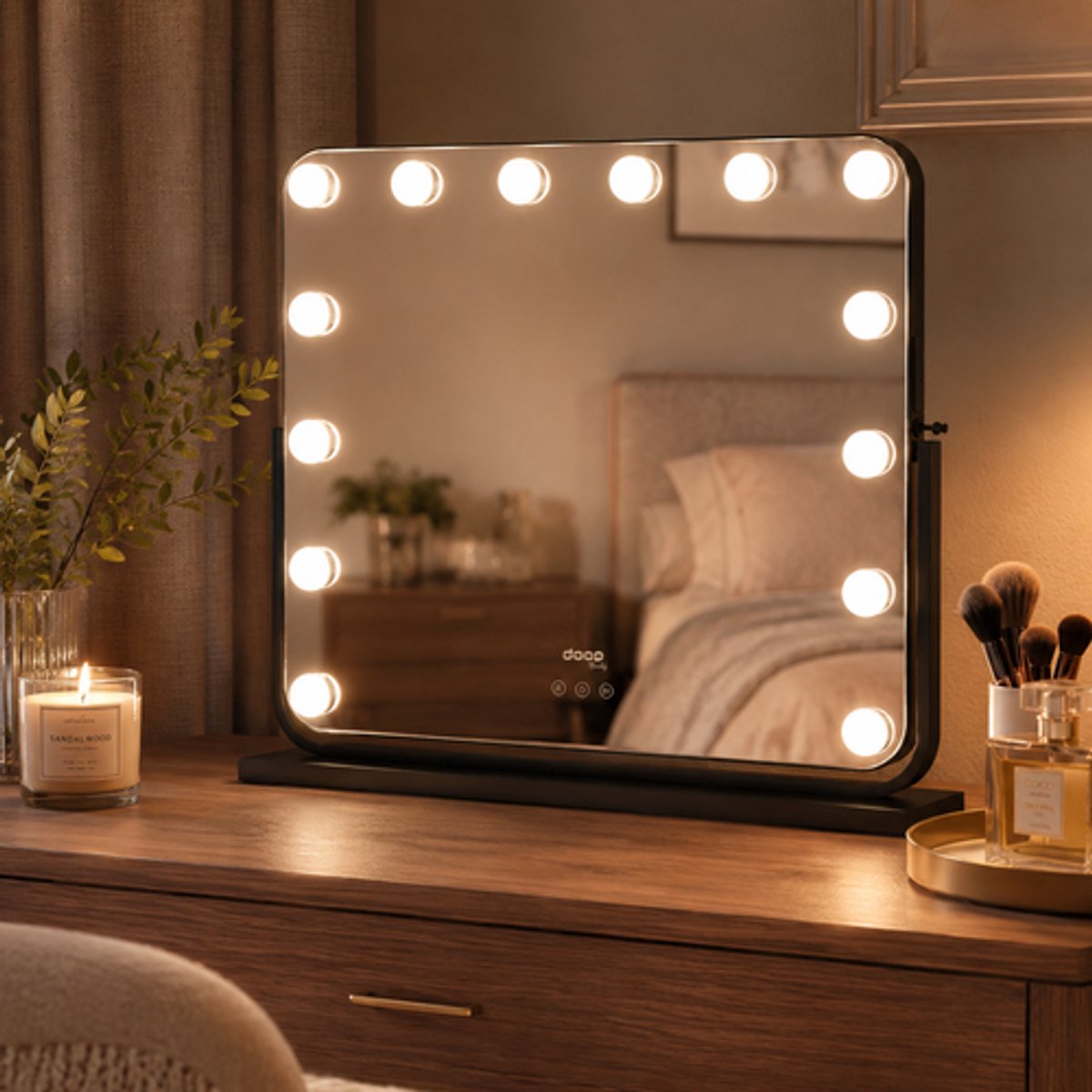 doop Make-up Spiegel met Verlichting 57×48 cm - Hollywood Spiegel – Dimbaar – 3 Lichtkleuren – Kantelbaar – USB Oplaadpoort – Grote Kaptafel Spiegel met Verlichting – Zwart - Valentijnsdag cadeautip!