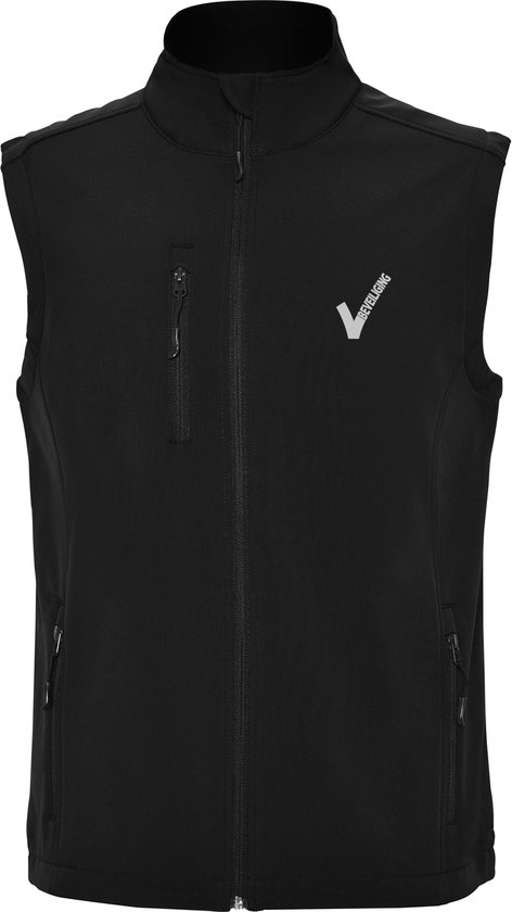 Zwarte bodywarmer met rits, borstzakje en zijzakken. Het V-logo staat op de linkerborst.
