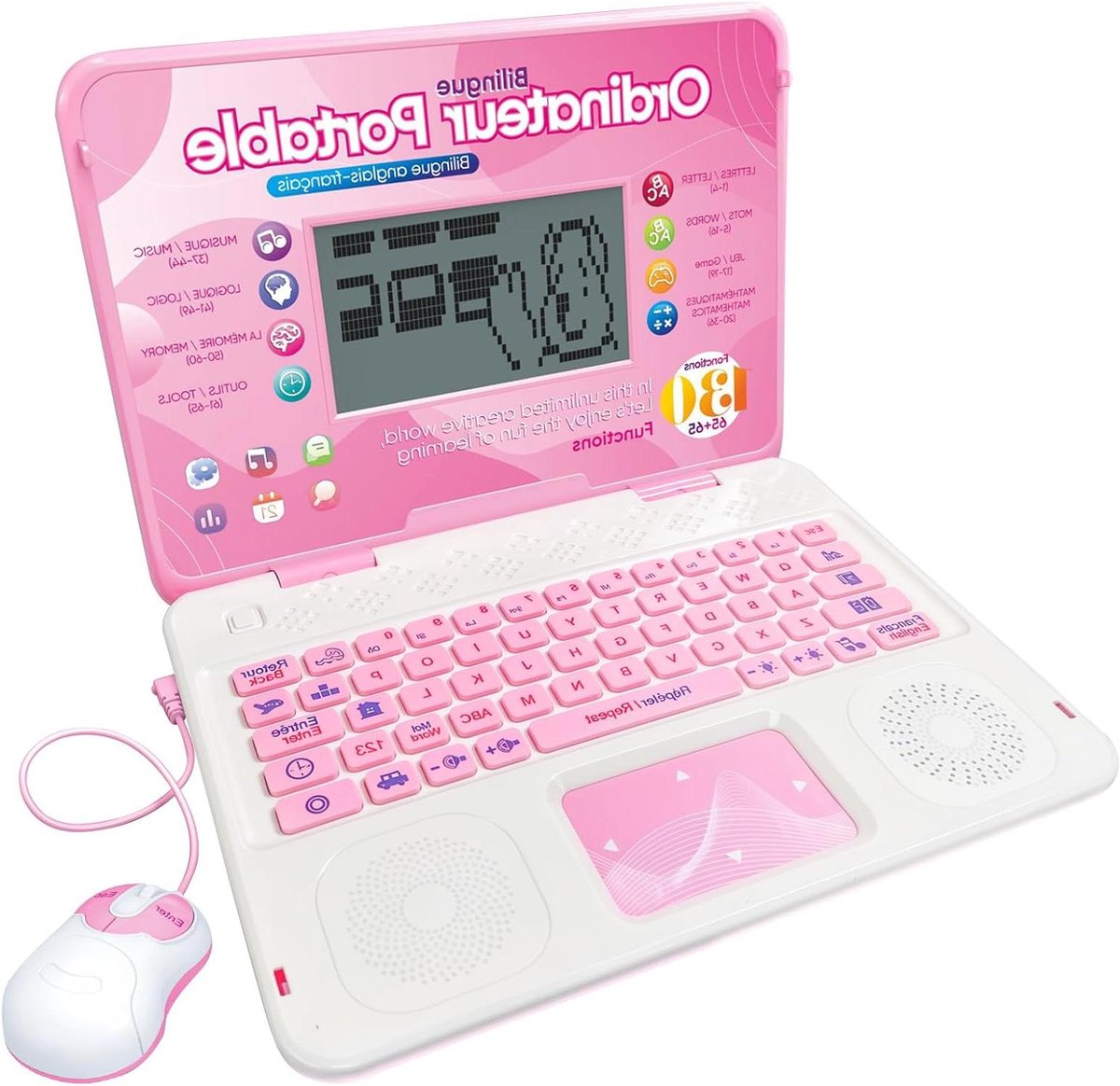 Leercomputer Kinderen - Educatieve Laptop - Tweetalig Leren - 130 Activiteiten - Zwart-wit display - Roze