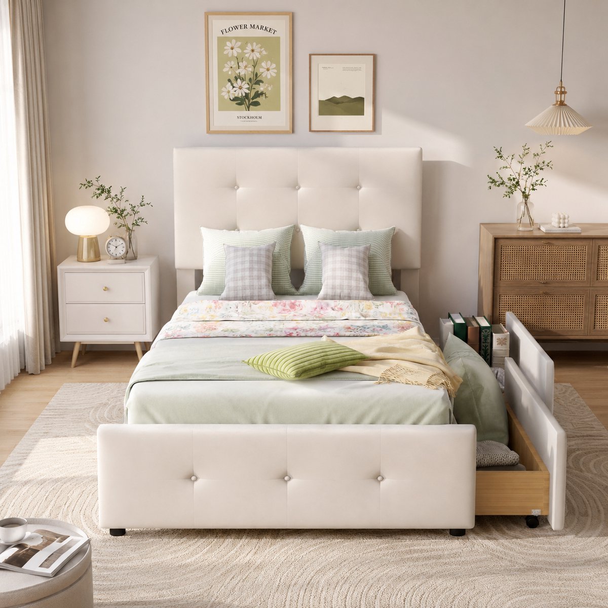 MEXUS Bed 90 x 200 cm, gestoffeerd bedframe, gestoffeerd hoofdeinde en twee lades, eenpersoonsbed, lattenbodem - geschikt voor kinderen, tieners en gasten, eenpersoons vlak bed, Fluweel, Beige