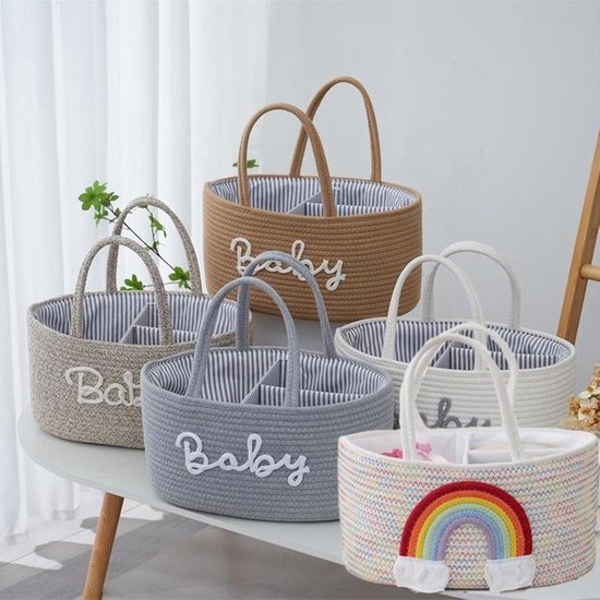 Baby Luiermand voor op de Commode - Opbergmand met 3 Vakken & Handgrepen - Regenboog Design - Organizer voor Luiers, Doekjes en Accessoires - Luiertas Commodemandje - Baby Organizer - Commode Organizer — afbeelding 3
