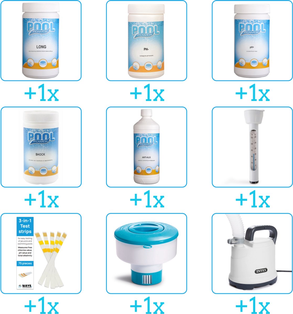 Zwembad Onderhoudspakket - Onderhoud Zwembad - bevat Chloor - PH-min - PH-plus - Chloor - Anti Alg - Thermometer - Testrips - Chloordrijver en Dompelpomp (9-delig)