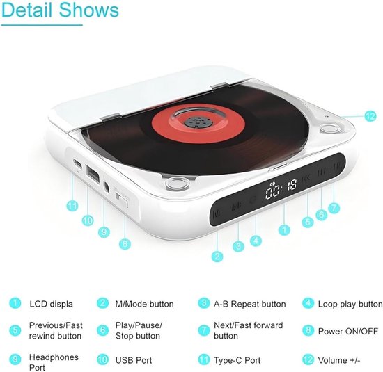 Draagbare cd-speler met Bluetooth 5.3-zender, oplaadbare batterij van 2000 mAh, ingebouwde dubbele luidsprekers, ondersteunt cd/USB/AUX-ingang, lcd-display en inclusief oordopjes. Geschikt voor thuis/in de auto (zwart). — afbeelding 3