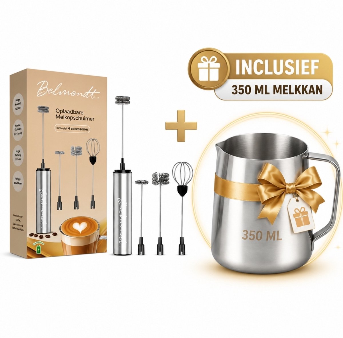 BELMONDT RVS Melkopschuimer 4 opzetstukken USB oplaadbaar Inclusief Barista Melkkan 350 ml Barista set