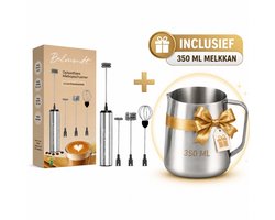 BELMONDT© RVS Melkopschuimer - 4 opzetstukken- USB Oplaadbaar- Inclusief Barista Melkkan 350 ml- Barista Set