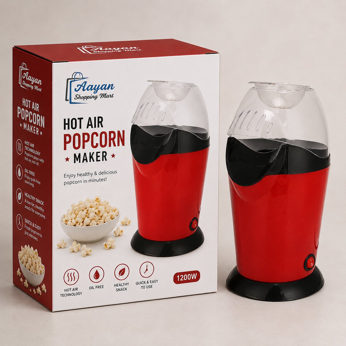 Popcorn Maker PM-1800 – Elektrische Popcornmachine voor Thuis – Hetelucht Popcornmaker zonder Olie – Compacte Snackmachine – Snel Verse Popcorn – 89850