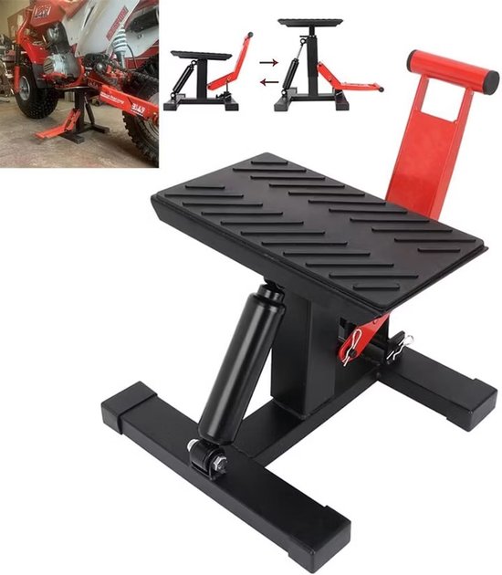 Zwarte motorlift met rode details, geplaatst onder een motor.