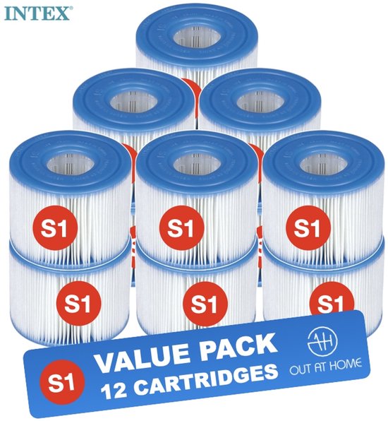 Stapel van 7 Intex S1 zwembadfilters met blauwe rand en "VALUE PACK 12 CARTRIDGES"-label.