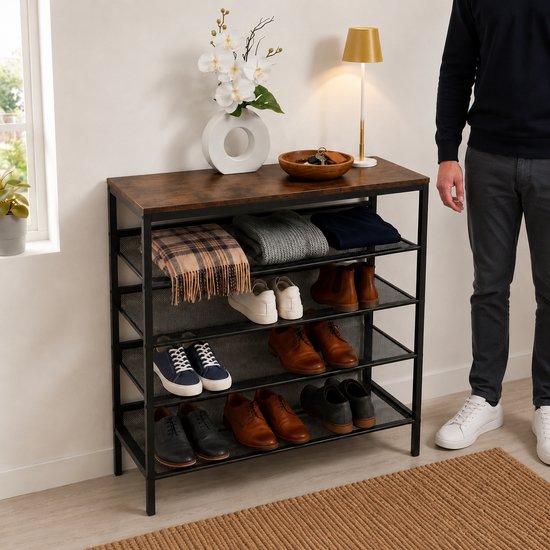 TUUSO® - Schoenenrek - 5 Lagen - Zwart Metaal met Bruin Bovenblad - 75x30x85 cm
