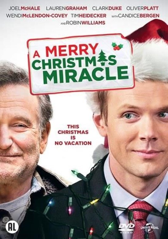 Film poster voor 'A Merry Christmas Miracle', met Robin Williams en Joel McHale. Kerstverlichting en 'This Christmas is no vacation'.