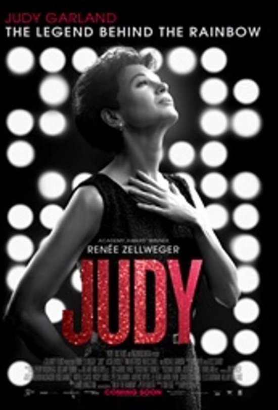 Renée Zellweger als Judy Garland met de tekst 'JUDY'. Achtergrond met cirkels.