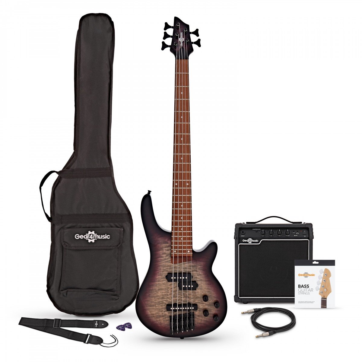Chicago Select 5-snarige basgitaar + versterkerpakket, Purple Burst