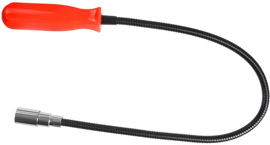 Flexibele magnetische grijper met LED-lamp, de schakelaar staat op 'uit', en een rode handgreep.