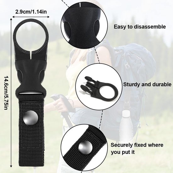 Water Bottle Clips - 4 stuks - Met Buckles - Portable Bottle Holder - Drink Hook - Water Bottle Buckle - Bottle Holder Clip - Clip voor waterfles - Hbuiten Accessoire - Voor Kamperen,Hiking,Reizen,Vissen - Zwart — afbeelding 4