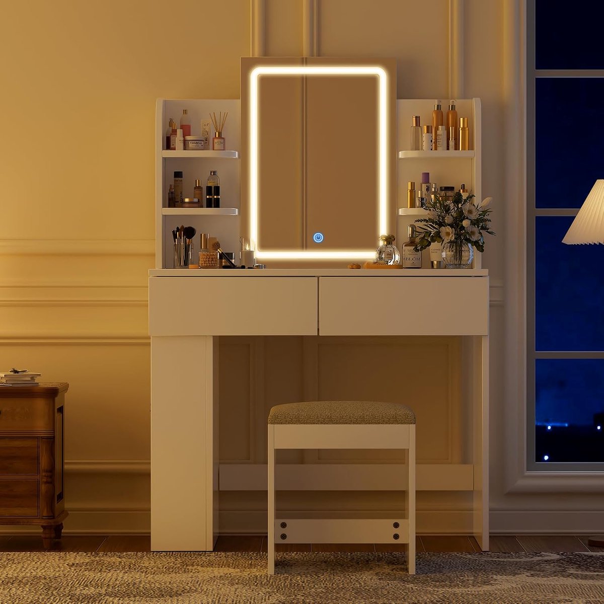 Kaptafel met Kruk en Spiegel – LED-verlichting 3 Kleuren – 2 Laden – 90x40x135 cm – Wit – THUYS