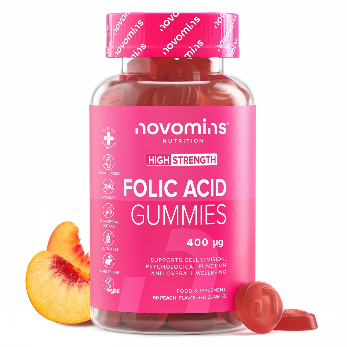 Foliumzuur 400 mcg, 90 Gummies, Vegan, Halal, Getest door Eurofins, Novomins