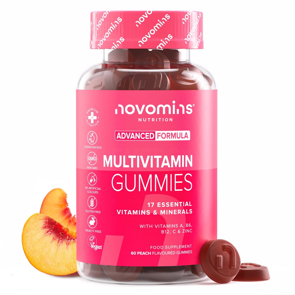 Multivitamine voor Volwassenen, met Vitamine C & A, 60 Gummies, Vegan, Halal, Getest door Eurofins, Novomins