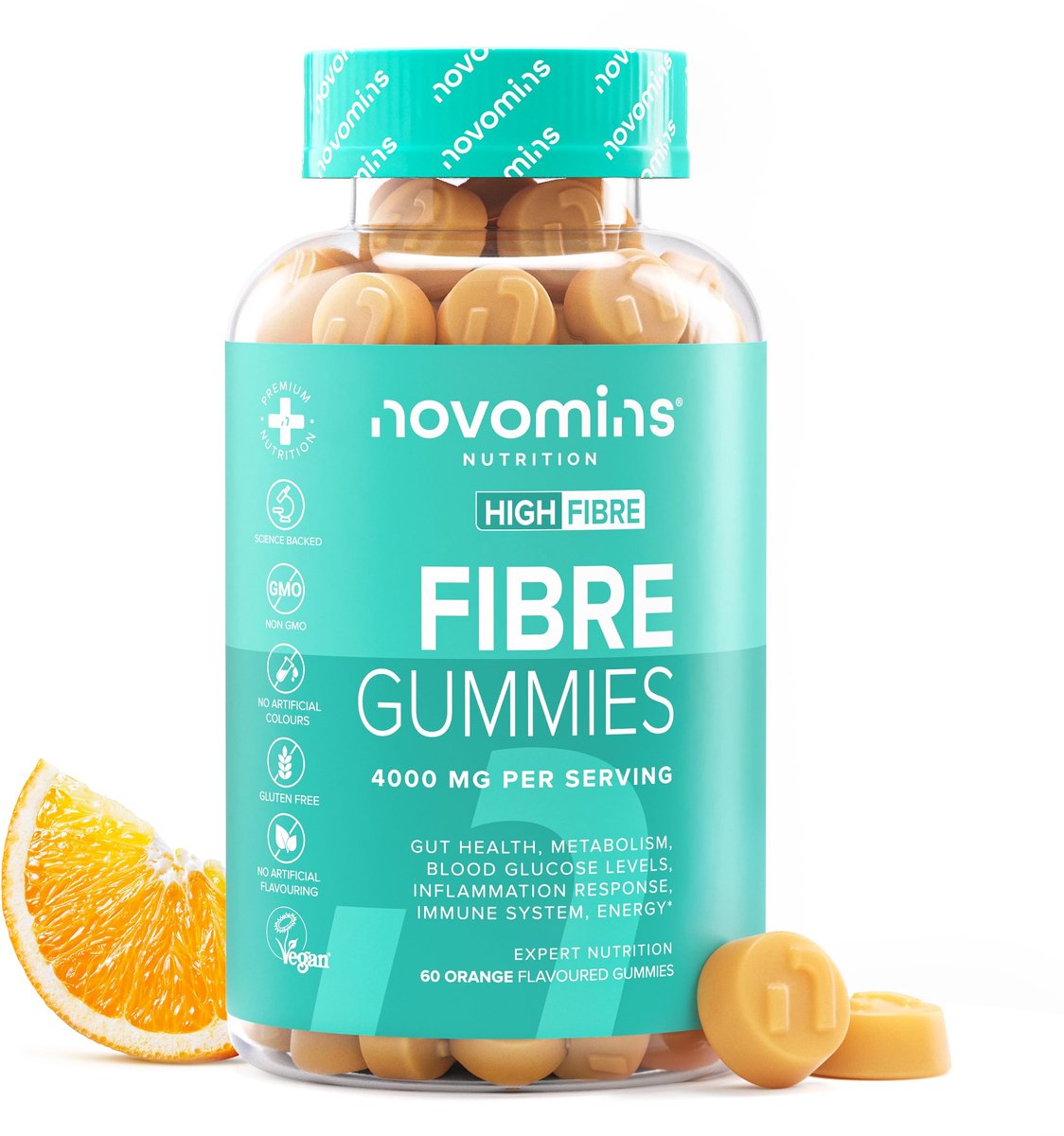 Vezel 4000 mg, met Calcium & Vitamine D, 60 Gummies, Vegan, Halal, Getest door Eurofins, Novomins