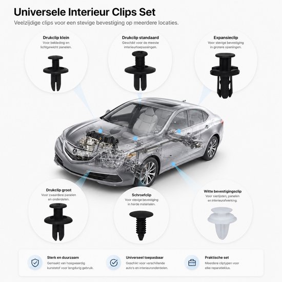 Illustratie van verschillende auto-interieurclips, gemonteerd op een doorschijnende auto.