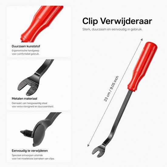 Een clipverwijderaar met een rode ergonomische handgreep en een metalen arm, 23 cm lang.