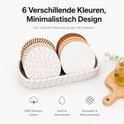 Gevlochten onderzetters in 6 naturel tinten, met de tekst '6 Verschillende Kleuren, Minimalistisch Design'.