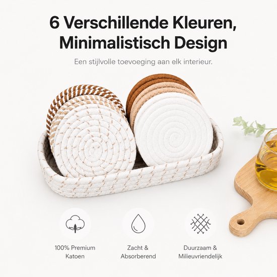 Gevlochten onderzetters in 6 naturel tinten, met de tekst '6 Verschillende Kleuren, Minimalistisch Design'.