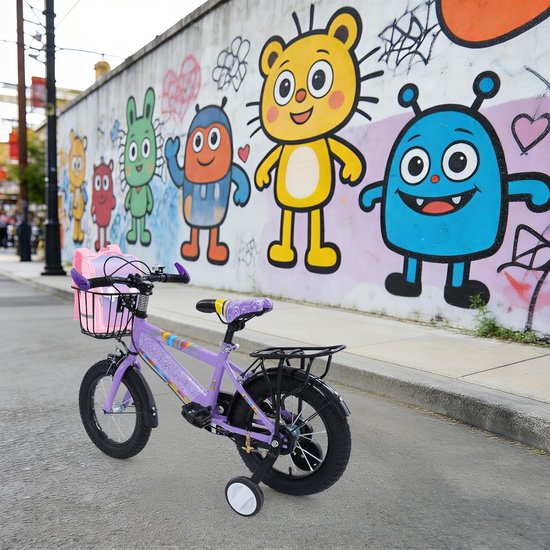 Kinderfiets 14 inch - Meisjesfiets loopfiets - Leren fietsen - Inclusief steunwielen - 14 inch - Paars — afbeelding 3