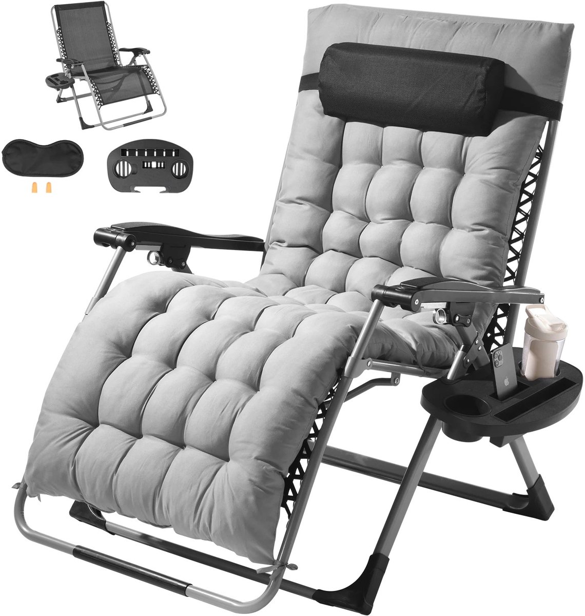 Brandistry - Zero Gravity Stoel - Zwaartekrachtstoel - Relaxstoel met Ligstand - Incl. Hoofdsteun, Kussen en bekerhouder - Grijs