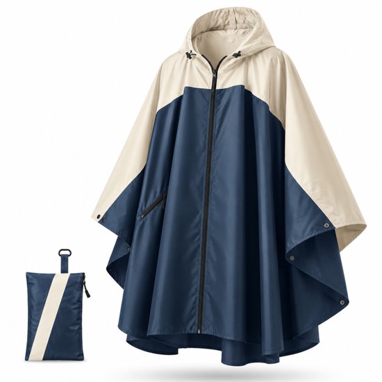 Kobaltblauwe en crèmekleurige regenponcho met capuchon en opbergtasje.