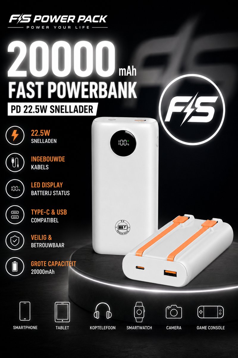 20000mAh Fast Powerbank -PD 22.5W Snellader- FS Power Pack Powerbank 20000mAh – 22.5W – Met Ingebouwde Kabels – LED Display – Type-C & USB – Wit-Powerbank led display - Draagbare oplader - Externe batterij - Grote capaciteit - Powerbank- Snellader – foto 5