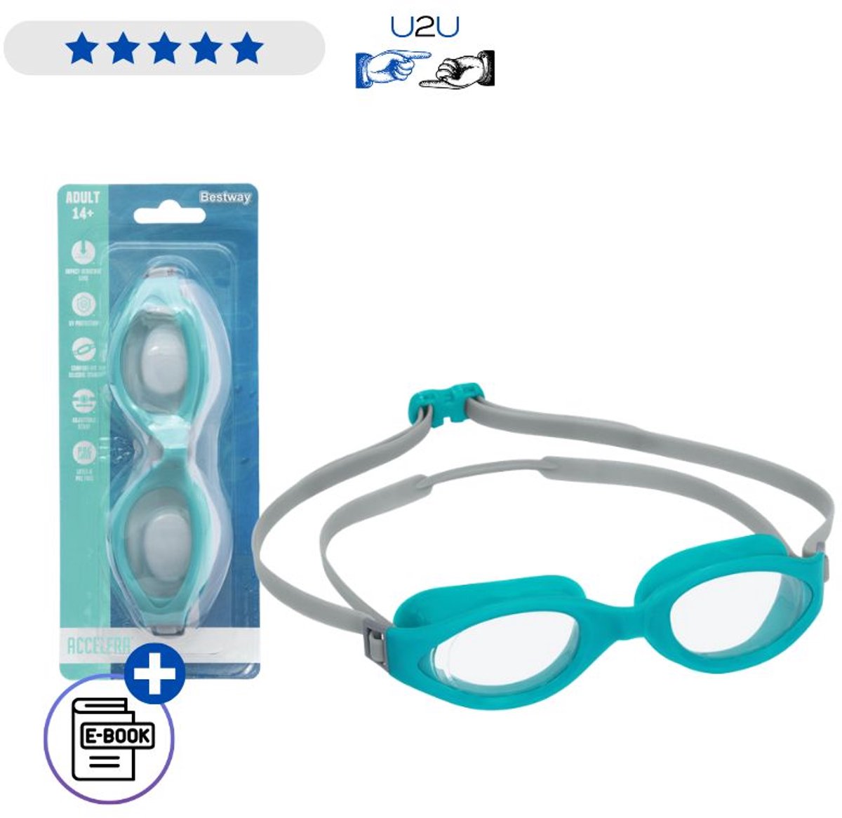 Bestway Zwembril 21077 Blauw - Comfortabele Swimming Goggles Met UV Bescherming En Anti Fog Lenzen - Verstelbare Zwembril Voor Zwembad Strand En Watersport Vanaf 14 Jaar Met Ebook